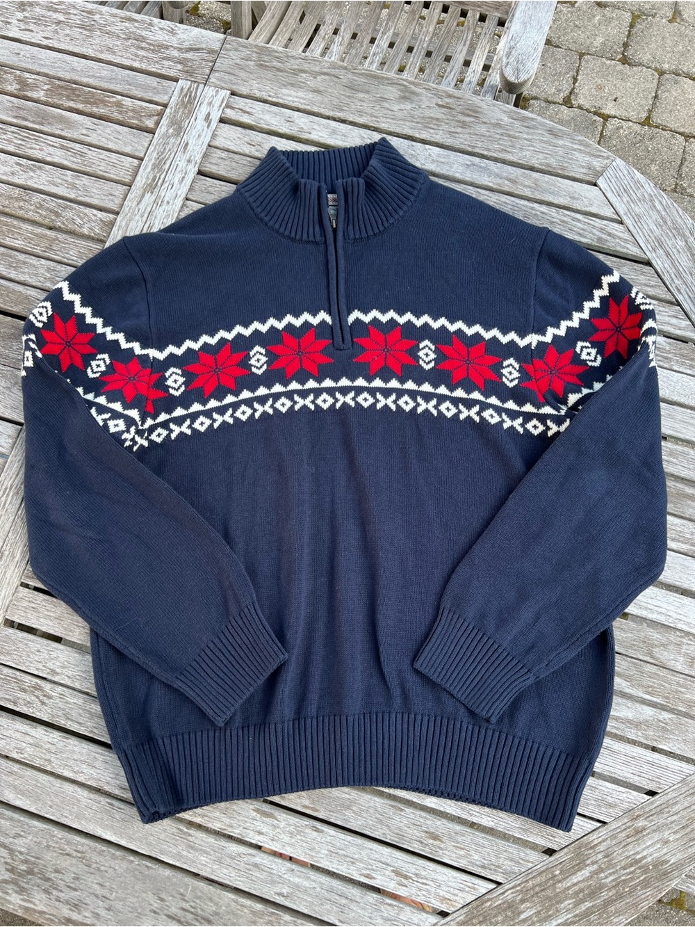 Weatherproof Navy Zip-Neck Sweater with Red & White Fair Isle